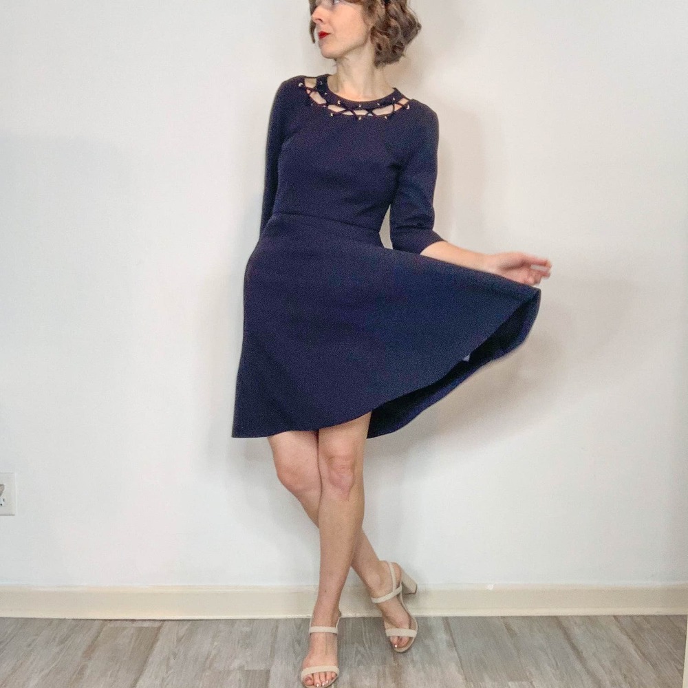 DONNA MORGAN nautical fit & flare dress silver grommets lace-up rope navy 2681